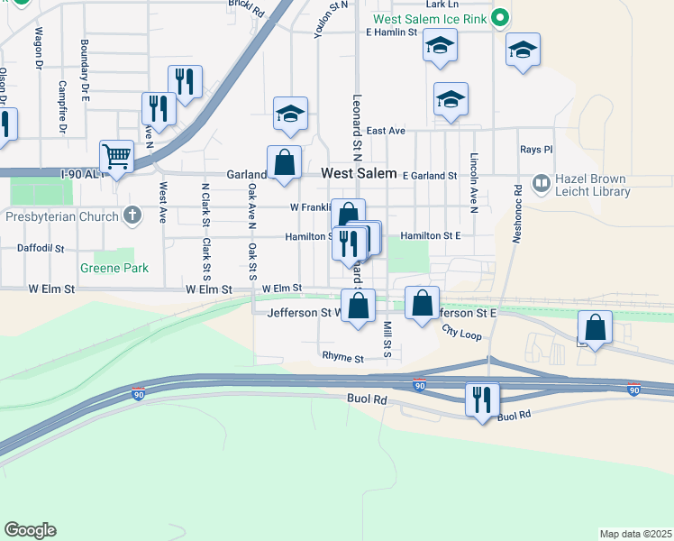 map of restaurants, bars, coffee shops, grocery stores, and more near 142 Youlon Street Street in West Salem
