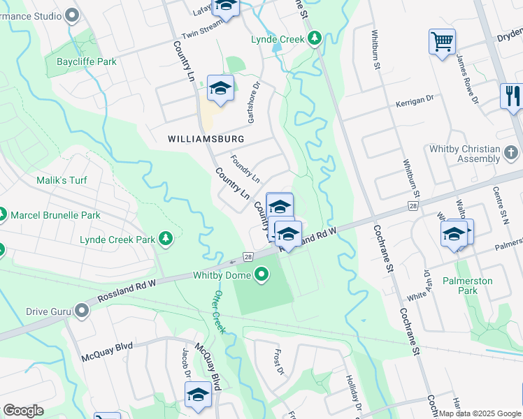 map of restaurants, bars, coffee shops, grocery stores, and more near 2451 Country Lane in Whitby