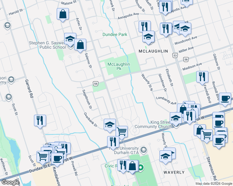 map of restaurants, bars, coffee shops, grocery stores, and more near in Oshawa