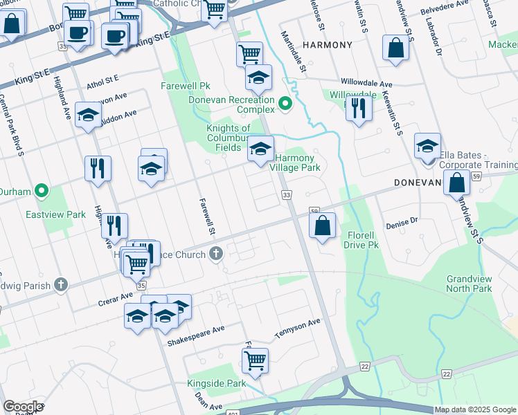 map of restaurants, bars, coffee shops, grocery stores, and more near in Oshawa