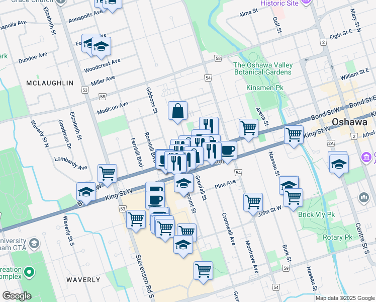 map of restaurants, bars, coffee shops, grocery stores, and more near 360 Buena Vista Avenue in Oshawa
