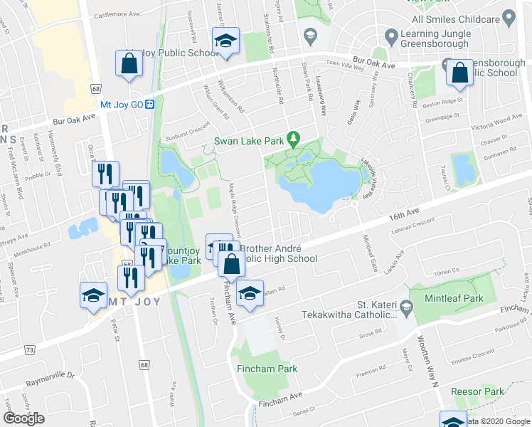 map of restaurants, bars, coffee shops, grocery stores, and more near 2 Willow Trail Road in Markham