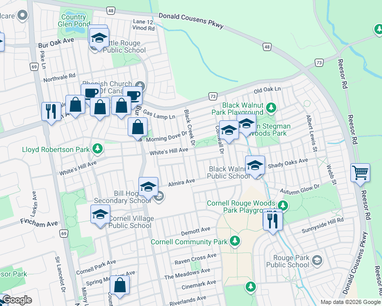 map of restaurants, bars, coffee shops, grocery stores, and more near 267 White's Hill Avenue in Markham