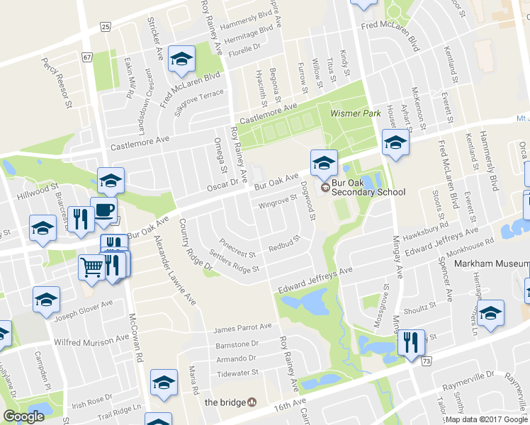 map of restaurants, bars, coffee shops, grocery stores, and more near 22 Bern Street in Markham