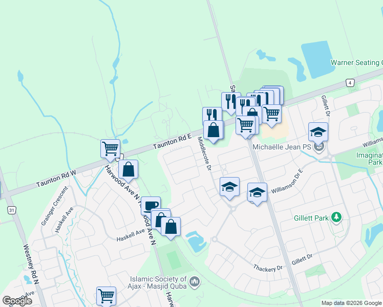map of restaurants, bars, coffee shops, grocery stores, and more near 2 Towers Street in Ajax