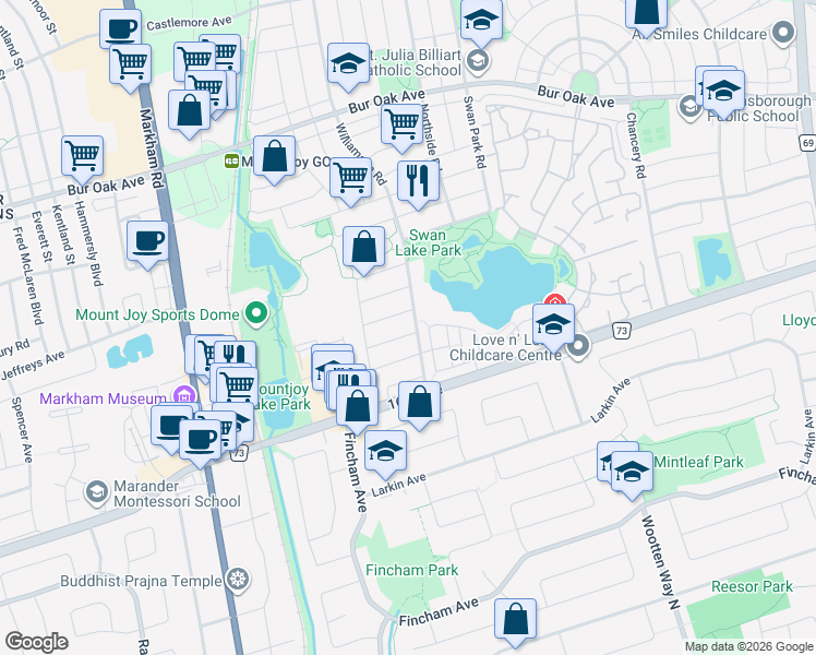 map of restaurants, bars, coffee shops, grocery stores, and more near 4 Willow Trail Road in Markham