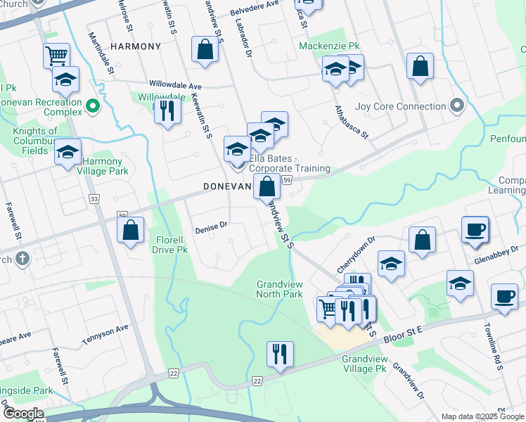 map of restaurants, bars, coffee shops, grocery stores, and more near 1074 Ronlea Avenue in Oshawa