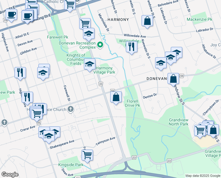map of restaurants, bars, coffee shops, grocery stores, and more near 842 Olive Avenue in Oshawa