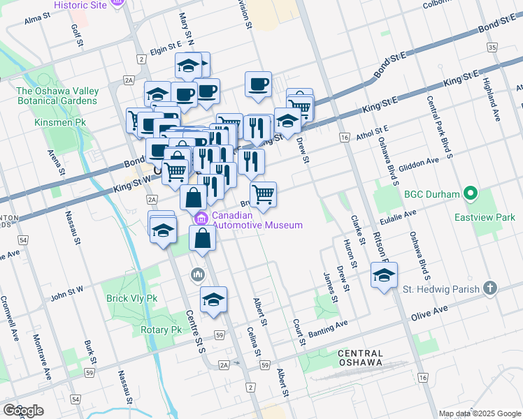 map of restaurants, bars, coffee shops, grocery stores, and more near in Oshawa