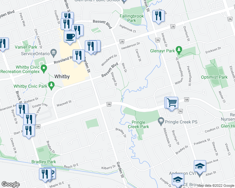 map of restaurants, bars, coffee shops, grocery stores, and more near 39 Stargell Drive in Whitby