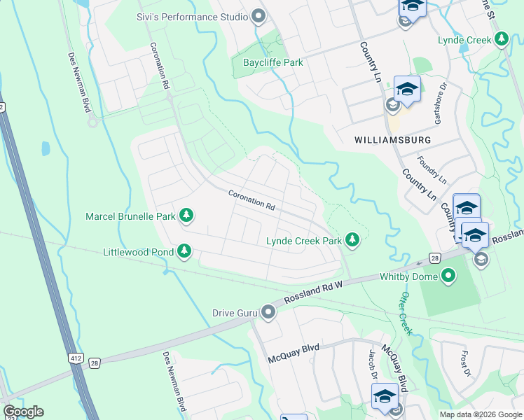 map of restaurants, bars, coffee shops, grocery stores, and more near 208 Coronation Road in Whitby