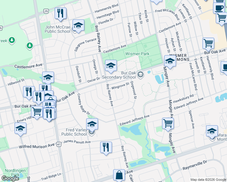 map of restaurants, bars, coffee shops, grocery stores, and more near 28 Bern Street in Markham
