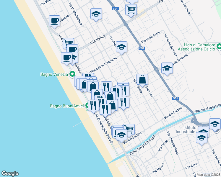 map of restaurants, bars, coffee shops, grocery stores, and more near 47 Via Vittorio Veneto in Camaiore