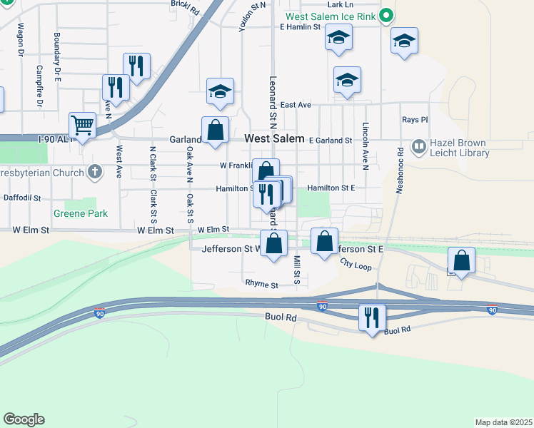 map of restaurants, bars, coffee shops, grocery stores, and more near 126 Leonard Street South in West Salem