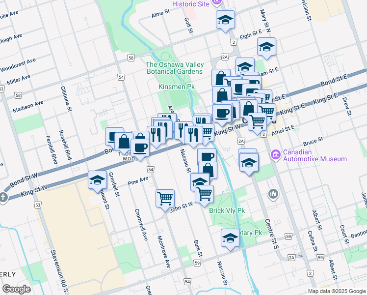 map of restaurants, bars, coffee shops, grocery stores, and more near 7 Nassau Street in Oshawa