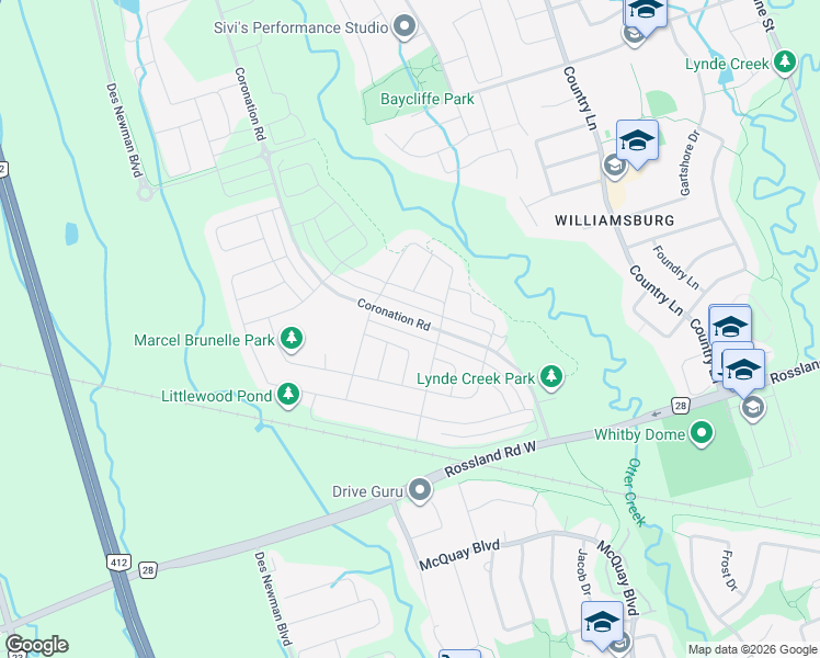 map of restaurants, bars, coffee shops, grocery stores, and more near 210 Coronation Road in Whitby