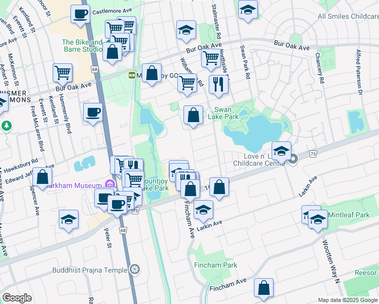 map of restaurants, bars, coffee shops, grocery stores, and more near 79 Maple Ridge Crescent in Markham
