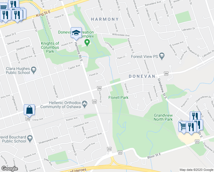 map of restaurants, bars, coffee shops, grocery stores, and more near Florell Drive in Oshawa