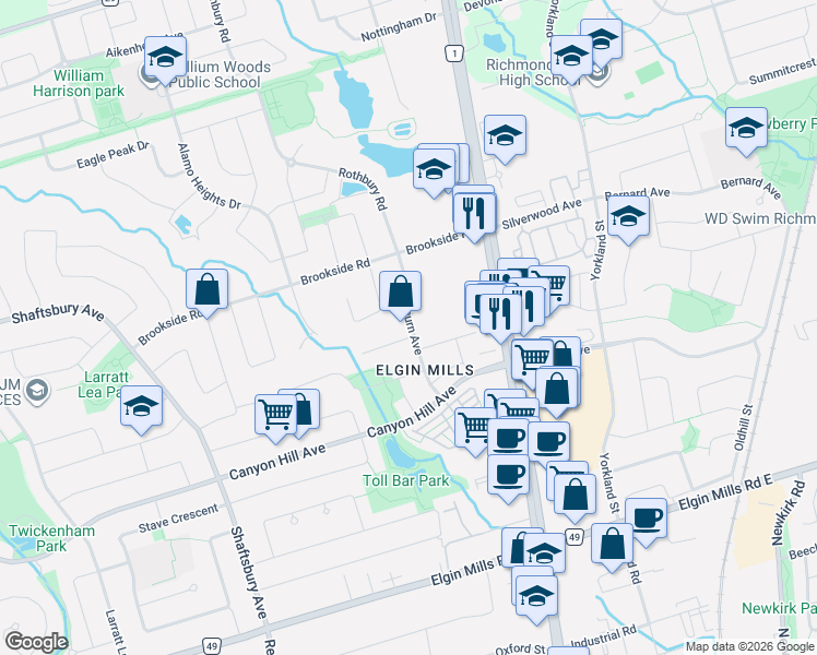map of restaurants, bars, coffee shops, grocery stores, and more near 98 Leyburn Avenue in Richmond Hill