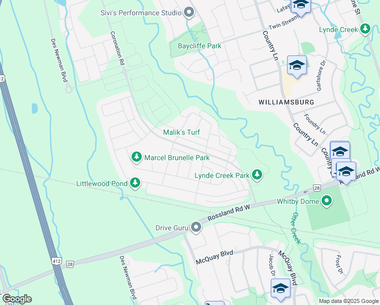 map of restaurants, bars, coffee shops, grocery stores, and more near 210 Coronation Road in Whitby