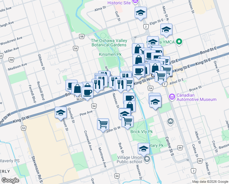 map of restaurants, bars, coffee shops, grocery stores, and more near 7 Nassau Street in Oshawa