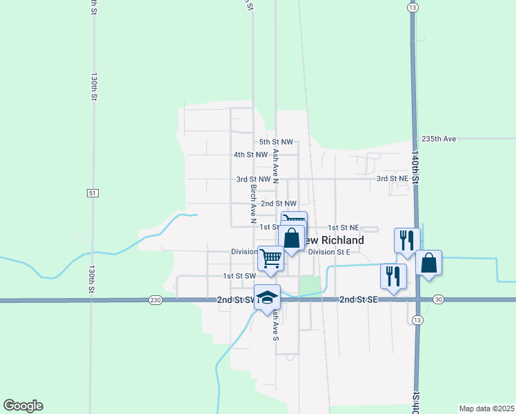 map of restaurants, bars, coffee shops, grocery stores, and more near 221 Birch Avenue North in New Richland