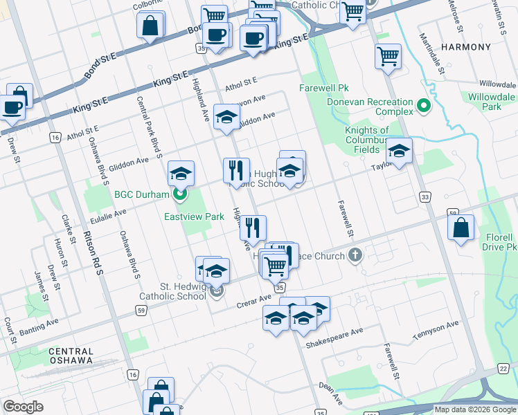 map of restaurants, bars, coffee shops, grocery stores, and more near 243 Wilson Road South in Oshawa