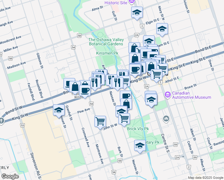 map of restaurants, bars, coffee shops, grocery stores, and more near 7 Nassau Street in Oshawa