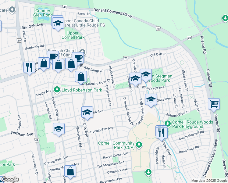 map of restaurants, bars, coffee shops, grocery stores, and more near 44 Black Creek Drive in Markham