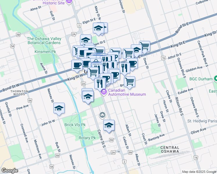map of restaurants, bars, coffee shops, grocery stores, and more near in Oshawa