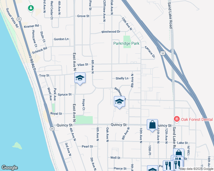 map of restaurants, bars, coffee shops, grocery stores, and more near 901 Oak Avenue North in Onalaska
