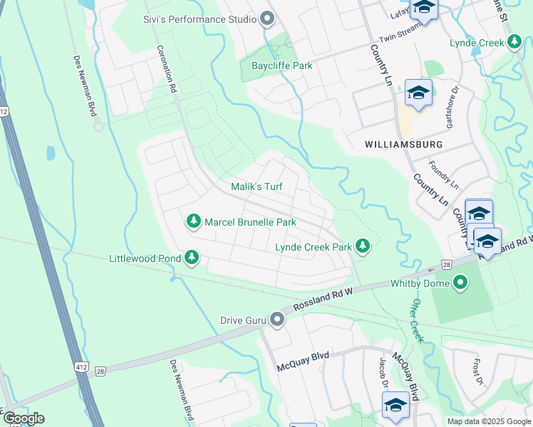 map of restaurants, bars, coffee shops, grocery stores, and more near 210 Coronation Road in Whitby
