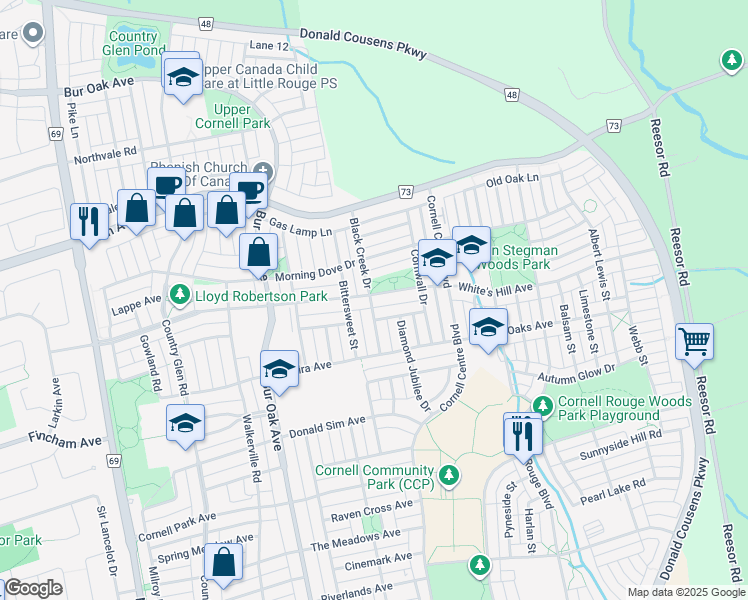 map of restaurants, bars, coffee shops, grocery stores, and more near 44 Black Creek Drive in Markham