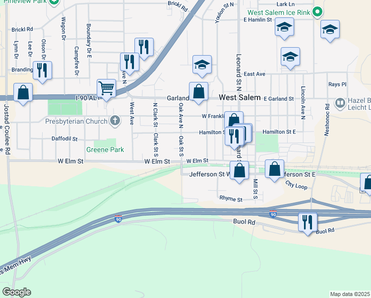 map of restaurants, bars, coffee shops, grocery stores, and more near 157 Oak Street South in West Salem