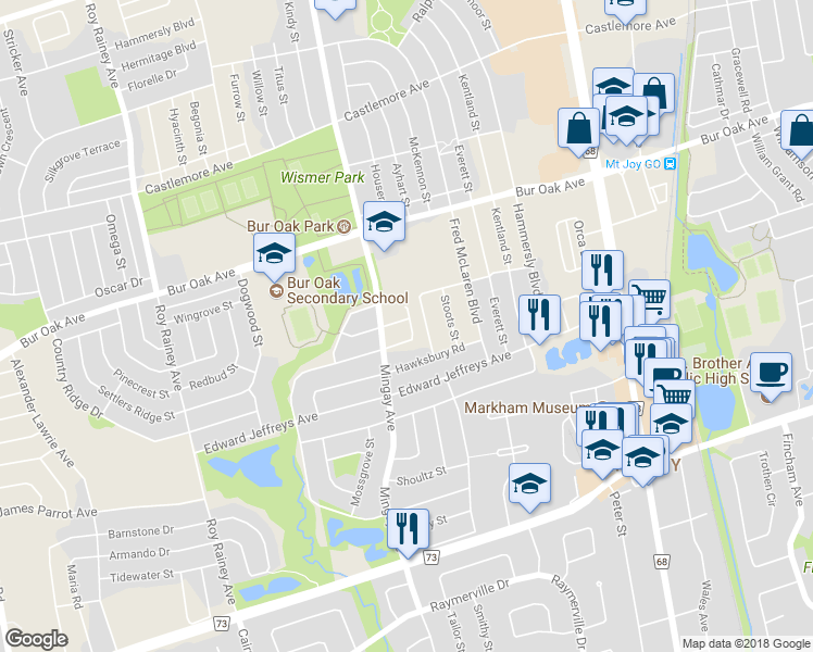 map of restaurants, bars, coffee shops, grocery stores, and more near 17 Alatera Avenue in Markham