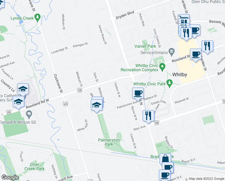 map of restaurants, bars, coffee shops, grocery stores, and more near 1031 Wardman Crescent in Whitby