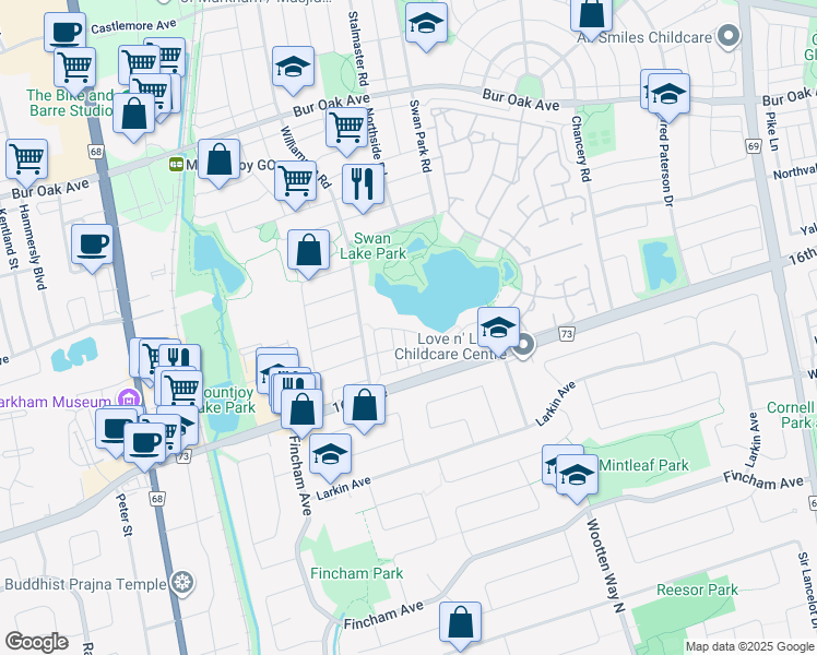 map of restaurants, bars, coffee shops, grocery stores, and more near 12-68 Roy Grove Way in Markham