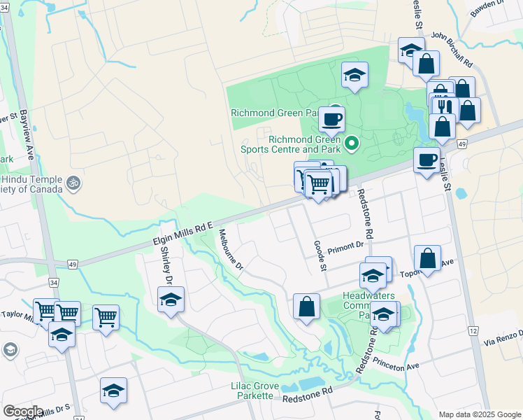 map of restaurants, bars, coffee shops, grocery stores, and more near Elgin Mills Road East in Richmond Hill