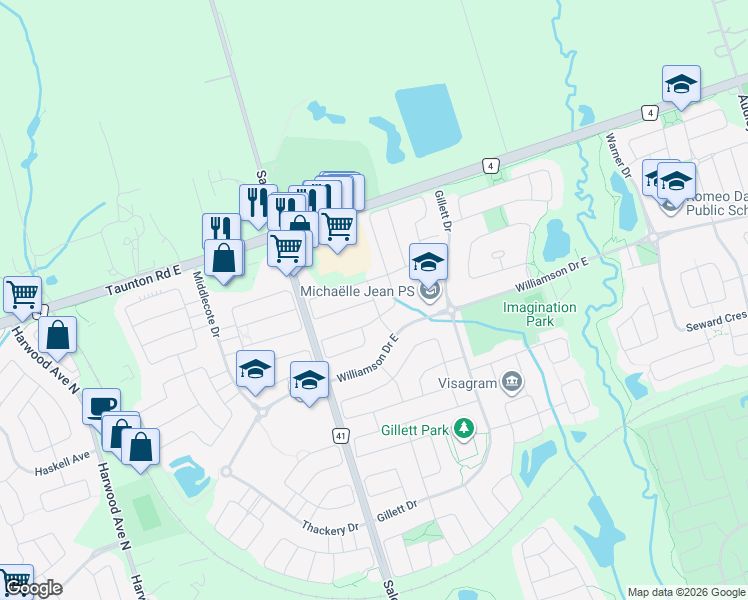 map of restaurants, bars, coffee shops, grocery stores, and more near Elliottglen Drive in Ajax