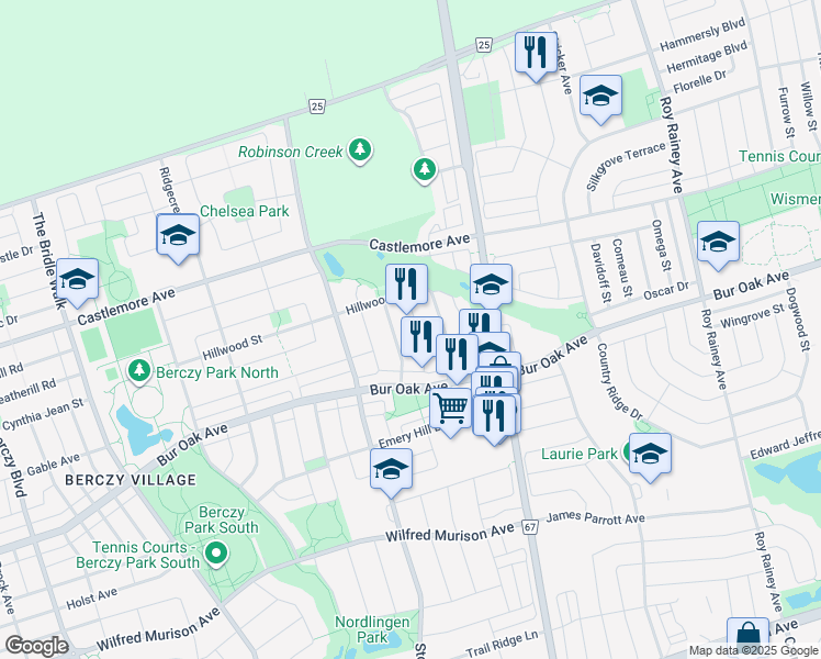 map of restaurants, bars, coffee shops, grocery stores, and more near 56 Briarcrest Drive in Markham