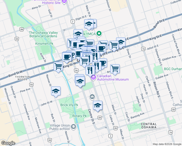 map of restaurants, bars, coffee shops, grocery stores, and more near 57 Simcoe Street South in Oshawa