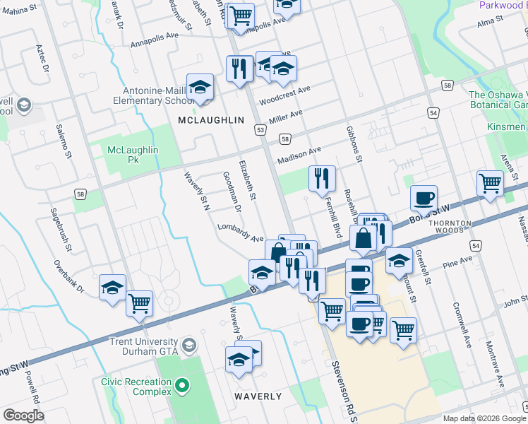 map of restaurants, bars, coffee shops, grocery stores, and more near 119 Elizabeth Street in Oshawa