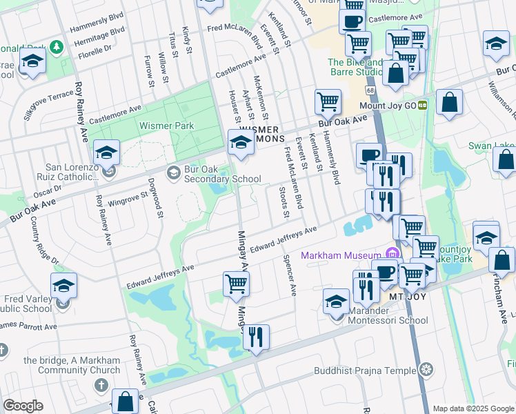 map of restaurants, bars, coffee shops, grocery stores, and more near Wermoth Court in Markham