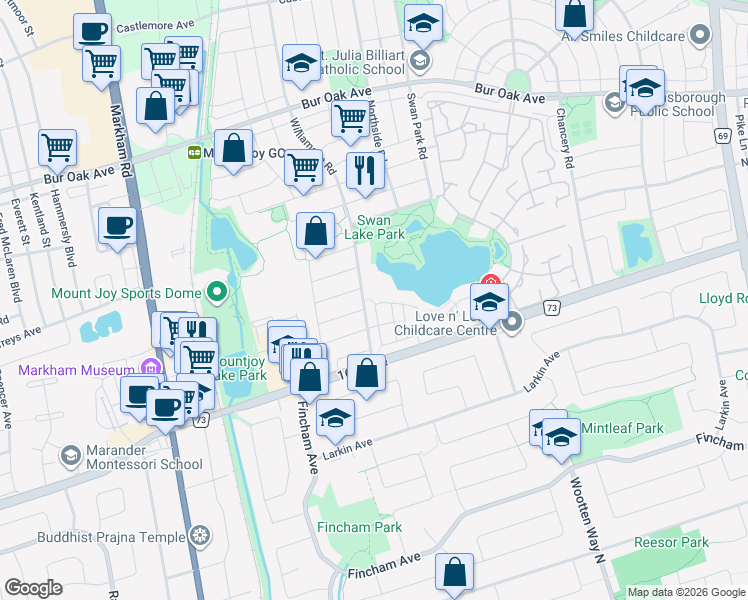 map of restaurants, bars, coffee shops, grocery stores, and more near 26 Roy Grove Way in Markham