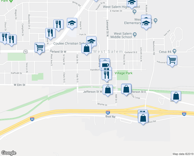 map of restaurants, bars, coffee shops, grocery stores, and more near 142 Youlon Street Street in West Salem