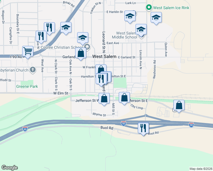 map of restaurants, bars, coffee shops, grocery stores, and more near 126 Leonard Street South in West Salem