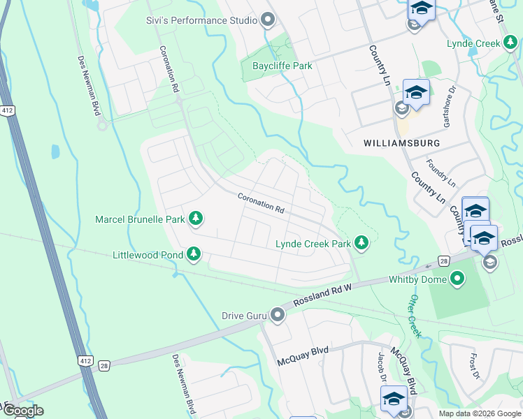 map of restaurants, bars, coffee shops, grocery stores, and more near 210 Coronation Road in Whitby