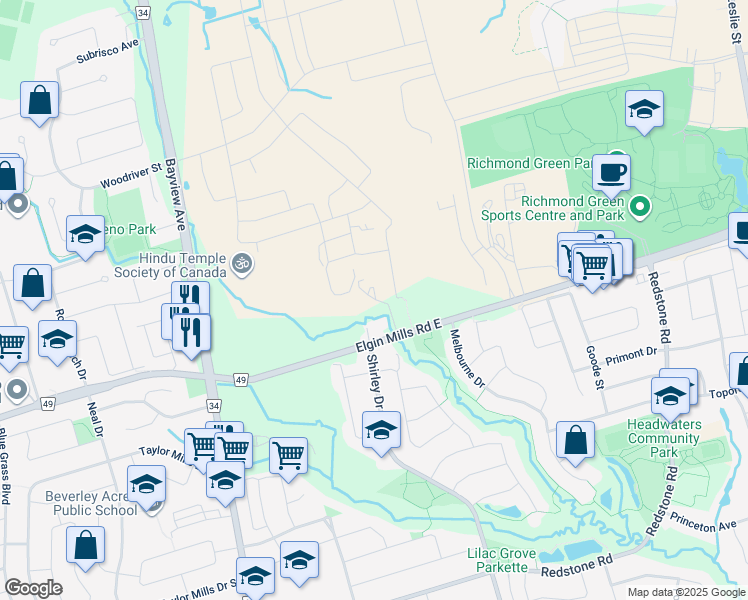map of restaurants, bars, coffee shops, grocery stores, and more near 980 Elgin Mills Road in Richmond Hill