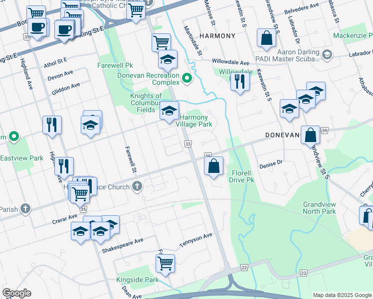 map of restaurants, bars, coffee shops, grocery stores, and more near 786 Olive Avenue in Oshawa