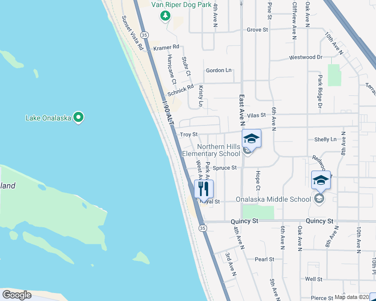map of restaurants, bars, coffee shops, grocery stores, and more near 927 Park Avenue in Onalaska